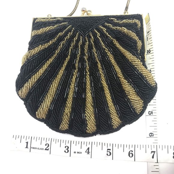 Beaded Clutch Or Crossbody Bag Formal Black & Gold 7 X 7 Sp - Picture 4 of 7